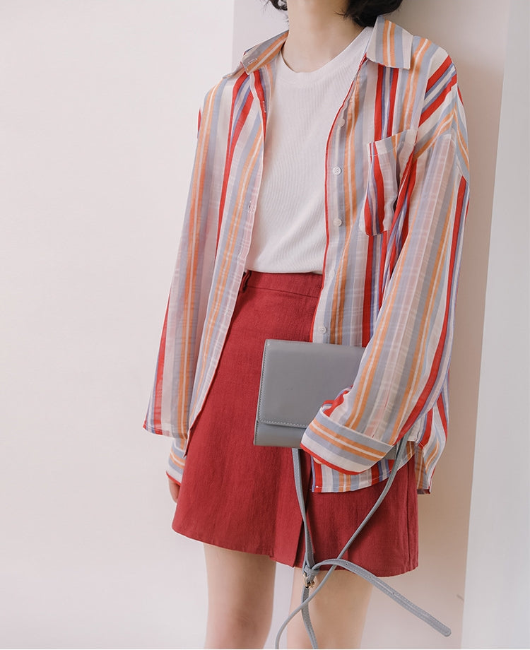 Vibrant Striped Button-Up Long Sleeve Blouse - Masion Chérie