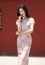 Romantic Vintage Tencel Satin Pastel Pink Floral Cheongsam Dress