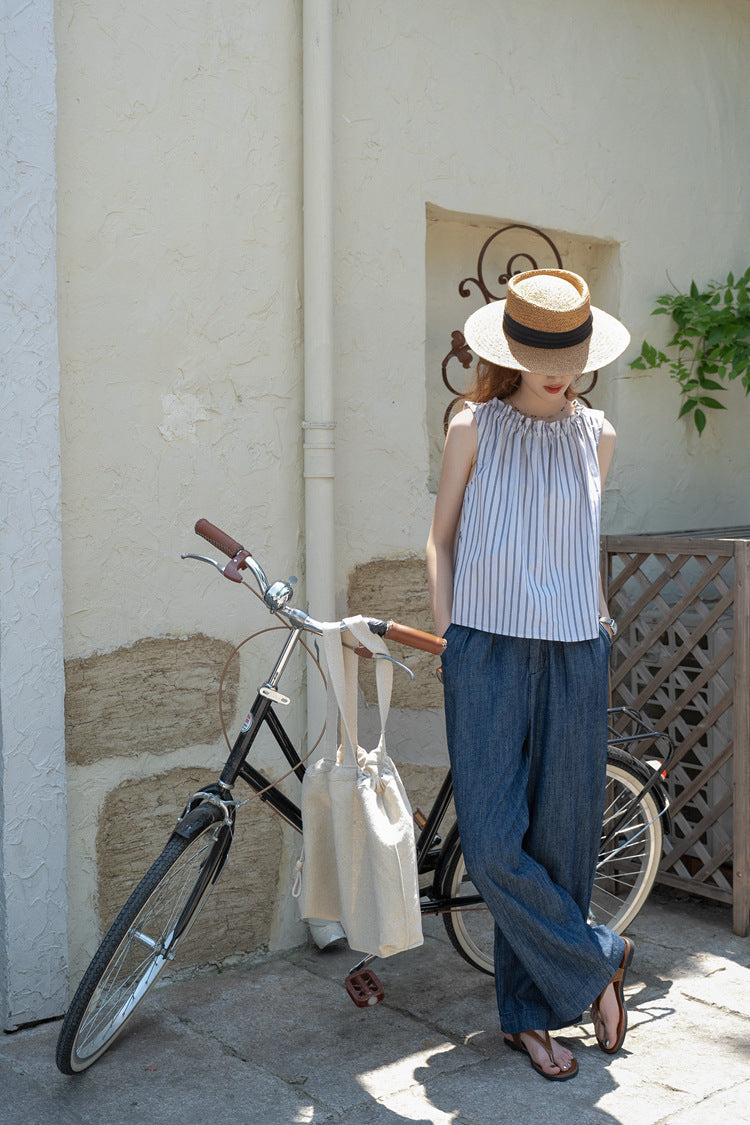 Striped Gathered Neck Sleeveless Top - Masion Chérie