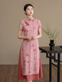 Graceful Watermelon Red Floral Silk Linen Layered Cheongsam Dress