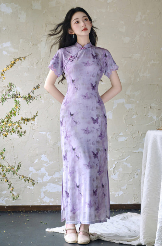 Butterfly Print Violet Cheongsam Dress