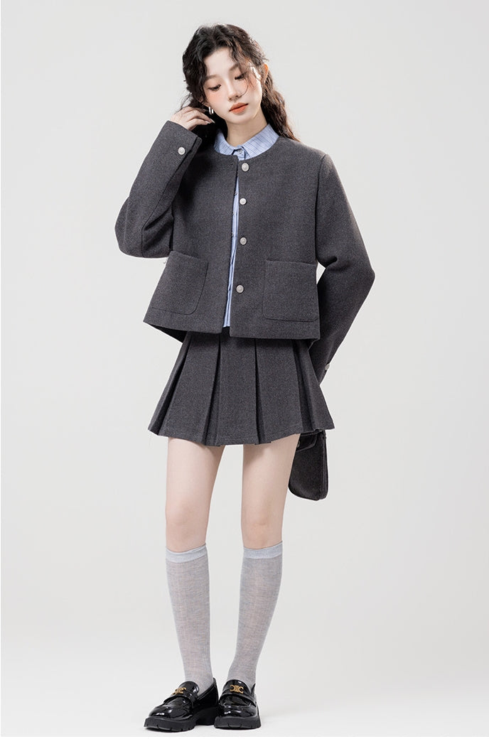 Trendy Gray Wool Jacket and Mini Skirt Set