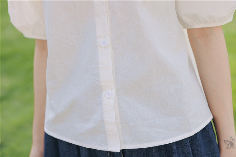 White Embroidered Peter Pan Collar Button-Down Blouse - Masion Chérie