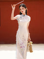 Ivory Blue Trim Tencel Floral Cheongsam Dress