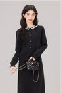 Elegant Embellished Collar Black Knit Cardigan and Skirt Set