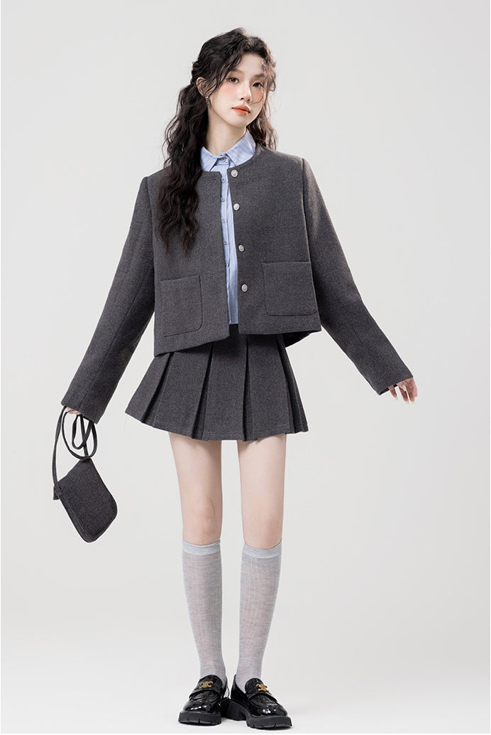 Trendy Gray Wool Jacket and Mini Skirt Set