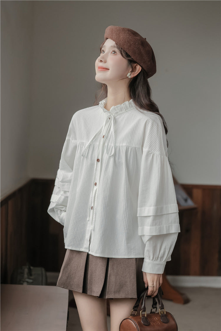 Whimsical White Button-Front Ruffle Collar Blouse