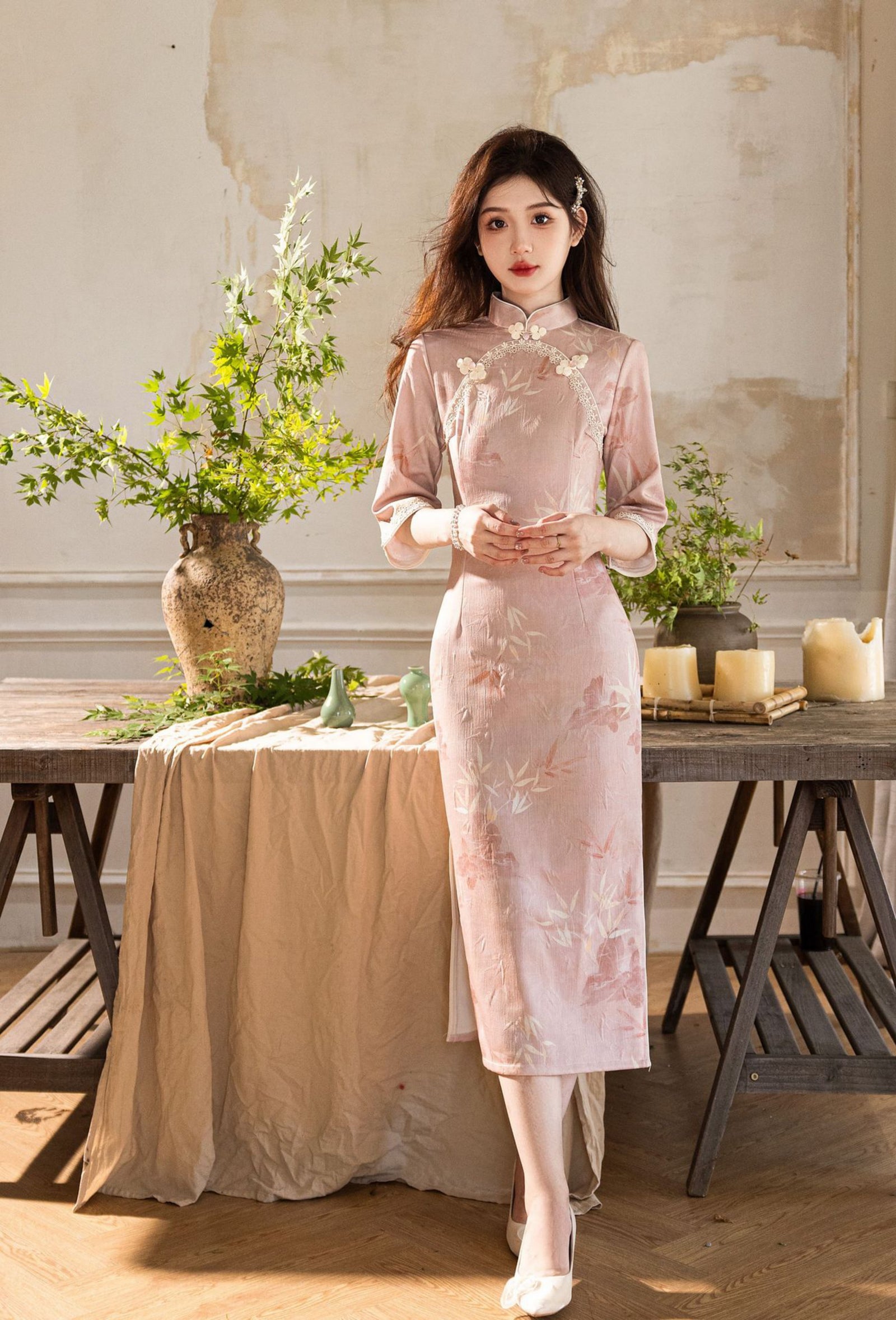 Opulent Blush Pink Jacquard Floral Cheongsam Dress