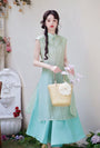 Floral Embroidered Mint Green Cheongsam Two-Piece Set