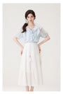 Charming Ruffled Blue Blouse & White Tiered Skirt Set - Masion Chérie