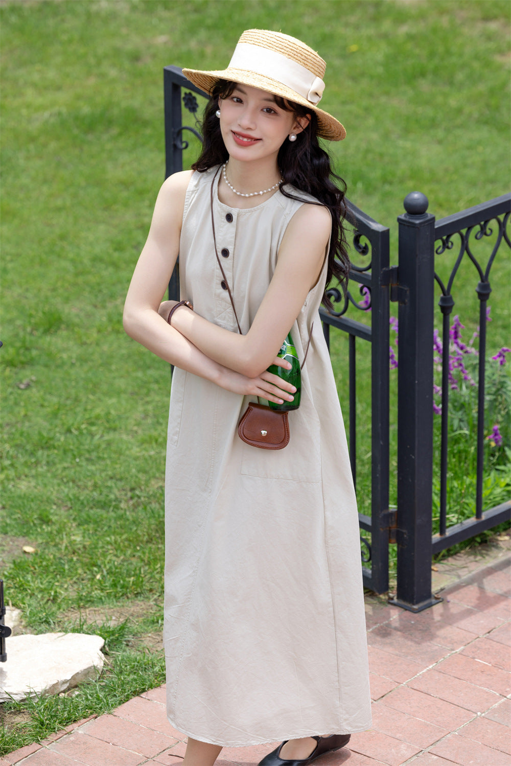 Beige Sleeveless Button-Down Midi Dress - Masion Chérie