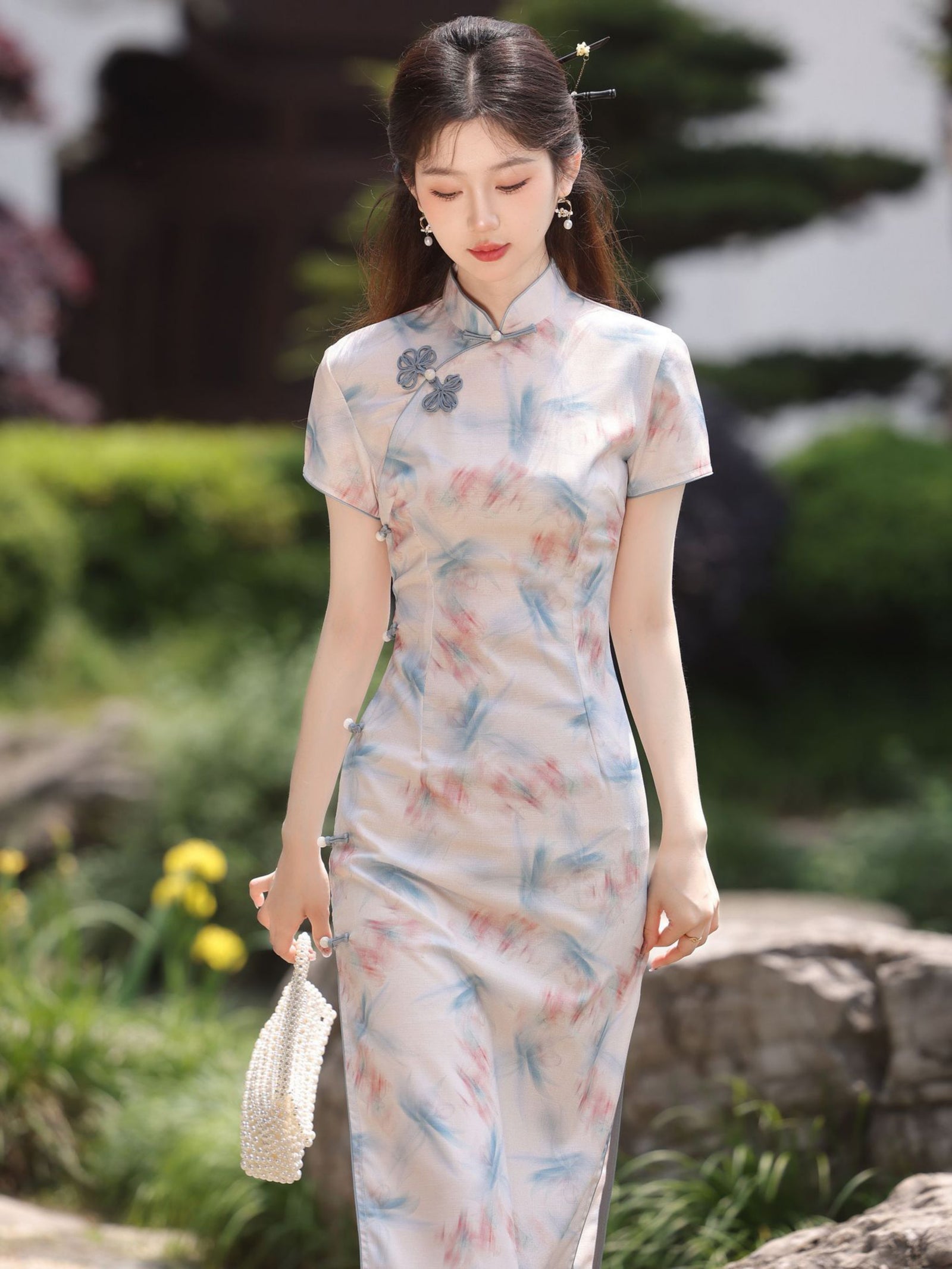 Blush Blue Jacquard Floral Cheongsam Dress