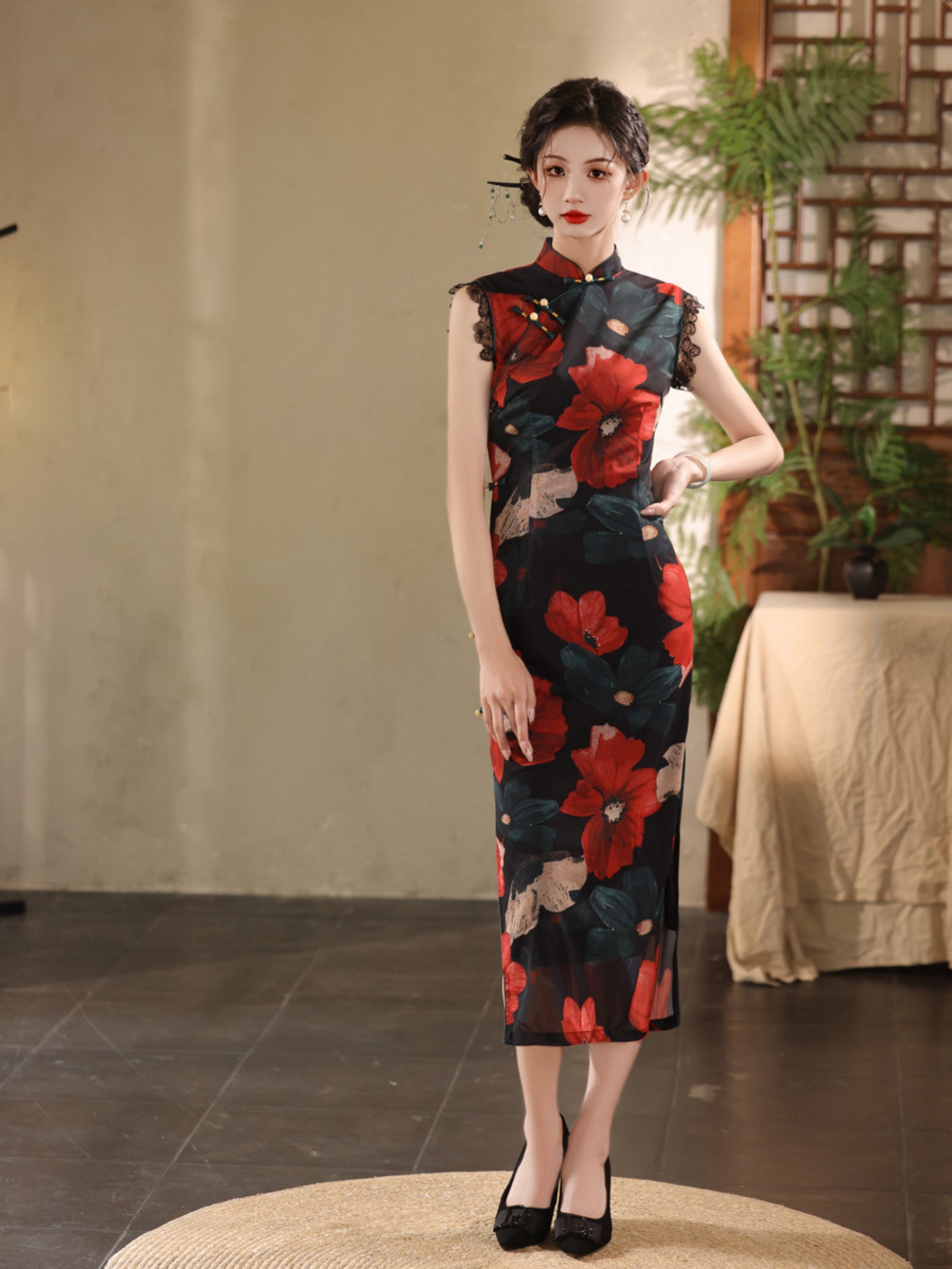 Bold Red Floral Cheongsam Dress