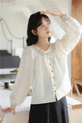 Smocked Yoke Button-Down Long Sleeve Blouse