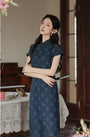 Vintage Navy Blue Floral Modified Cheongsam Dress