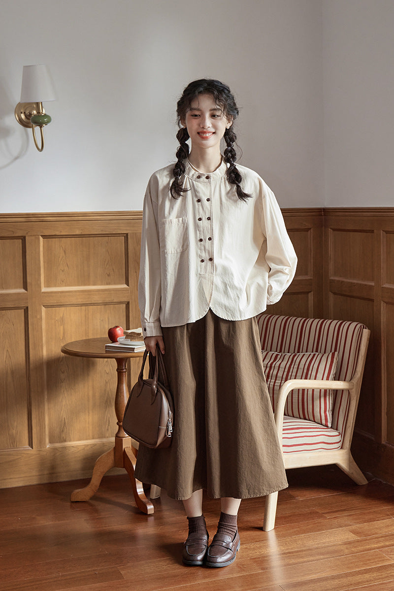 Classic Ivory Double-Breasted Button Front Blouse