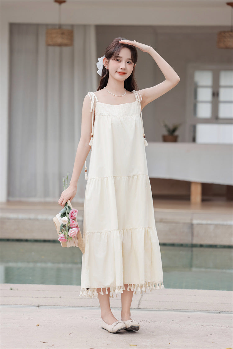 Tassel-Trimmed Tiered Spaghetti Strap Sundress - Masion Chérie