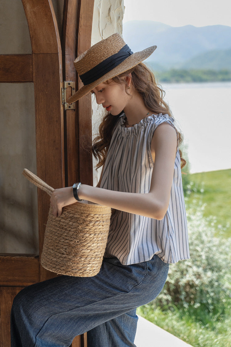 Striped Gathered Neck Sleeveless Top - Masion Chérie