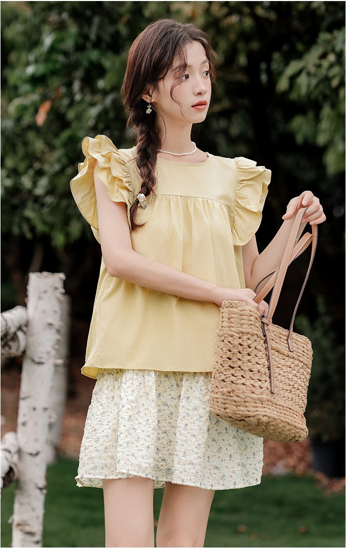 Yellow Ruffled Sleeve Blouse and Floral Mini Skirt Set