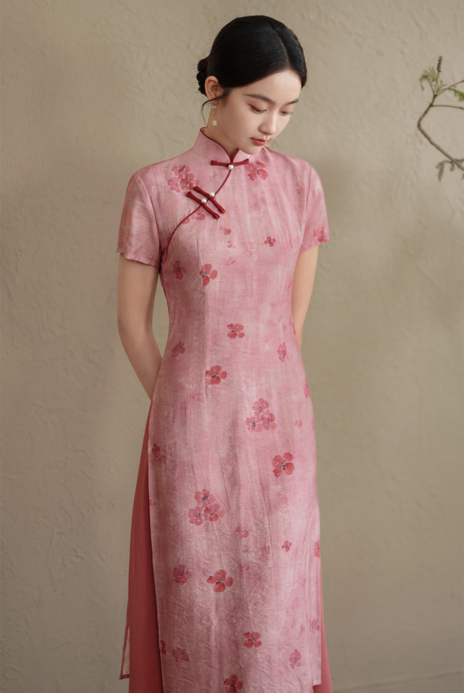 Graceful Watermelon Red Floral Silk Linen Layered Cheongsam Dress