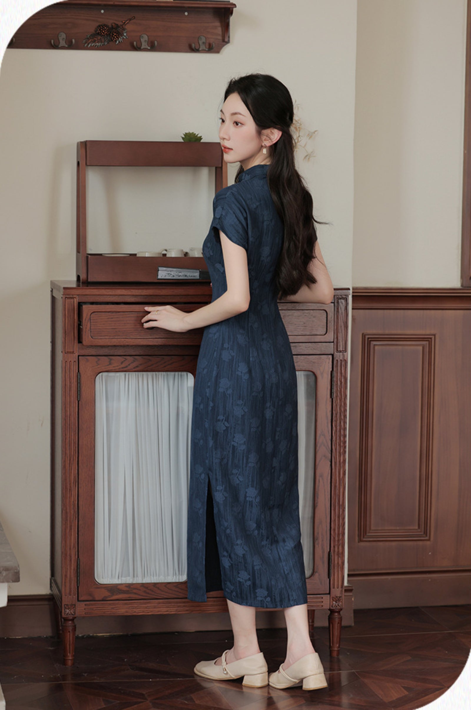 Vintage Navy Blue Floral Modified Cheongsam Dress