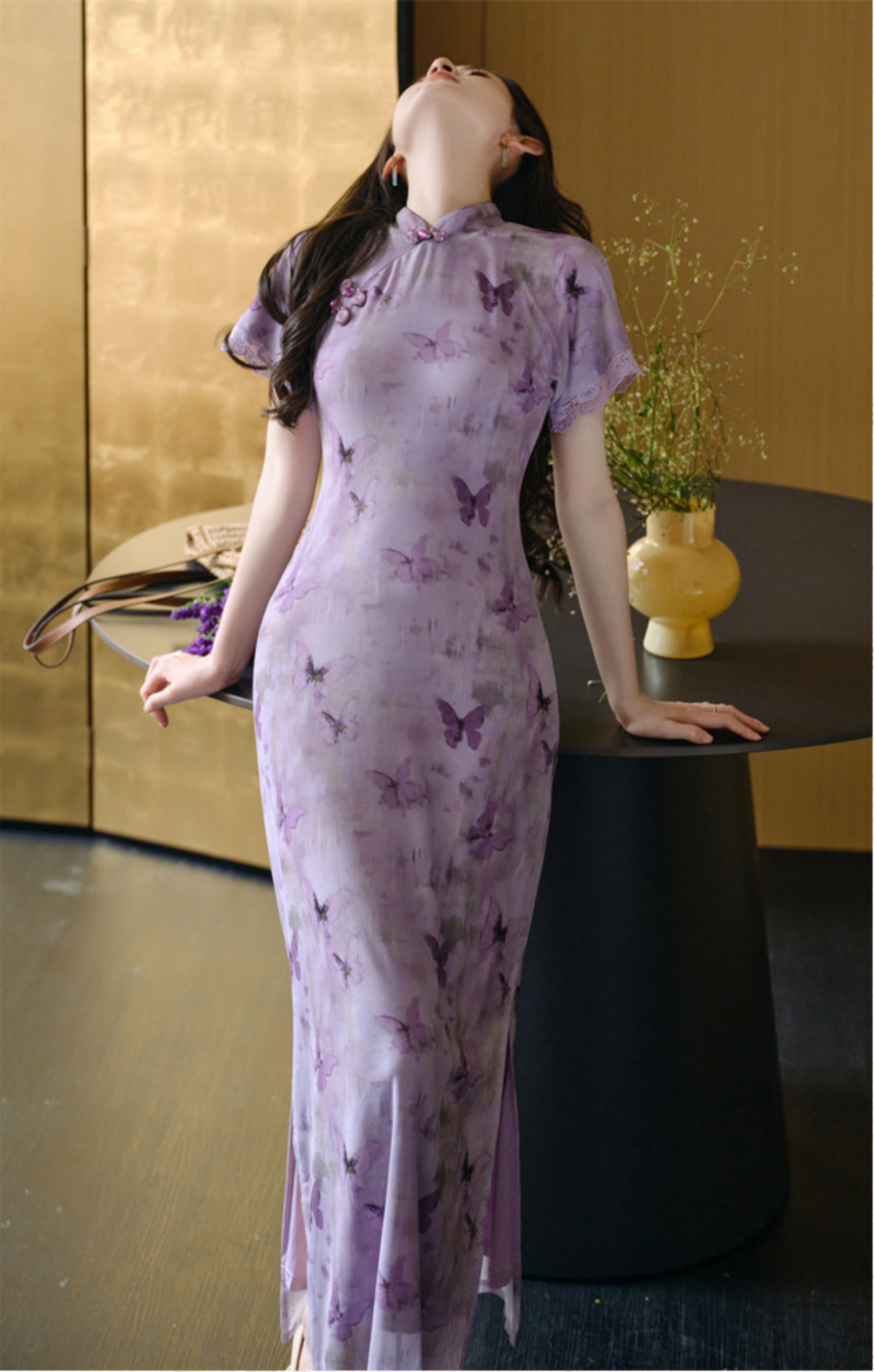 Butterfly Print Violet Cheongsam Dress