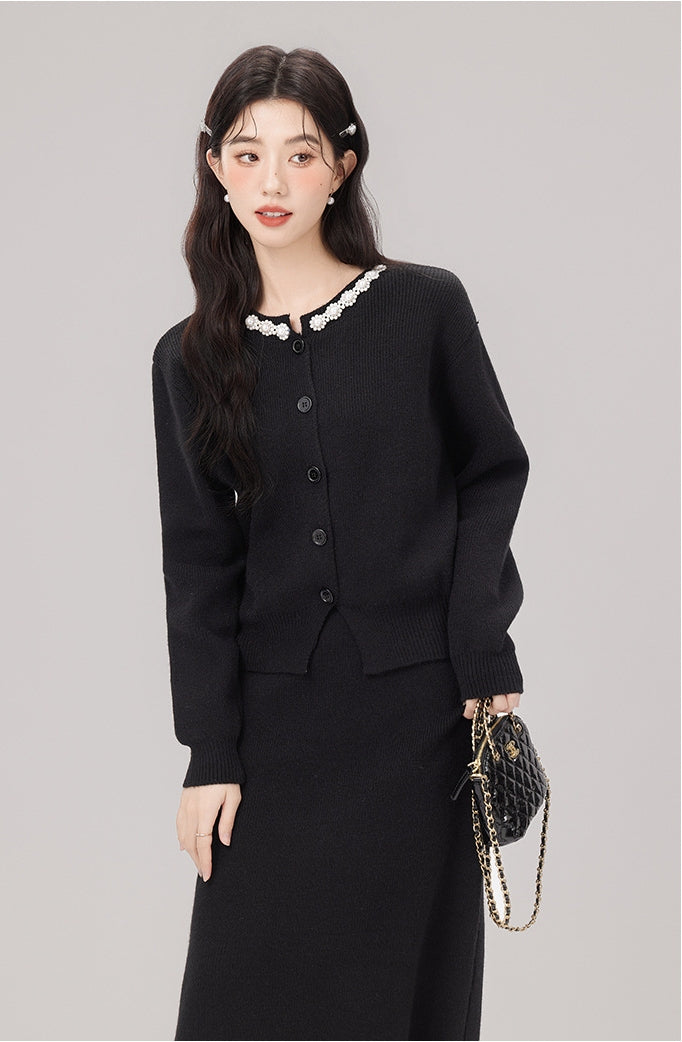 Elegant Embellished Collar Black Knit Cardigan and Skirt Set