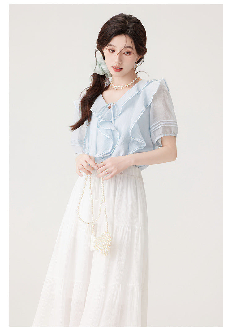 Charming Ruffled Blue Blouse & White Tiered Skirt Set - Masion Chérie