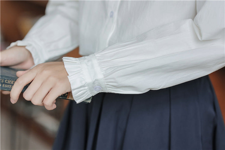 Charming White Ruffled Collar Button-Down Blouse