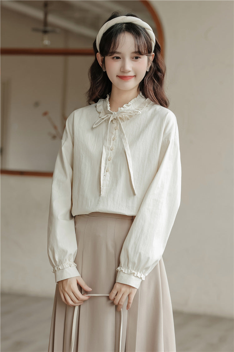 Elegant Ruffled Collar Ribbon-Tie Loose Fit Blouse