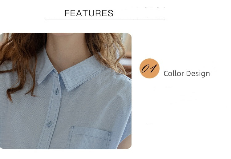 Light Blue Short-Sleeve Button-Down Blouse - Masion Chérie