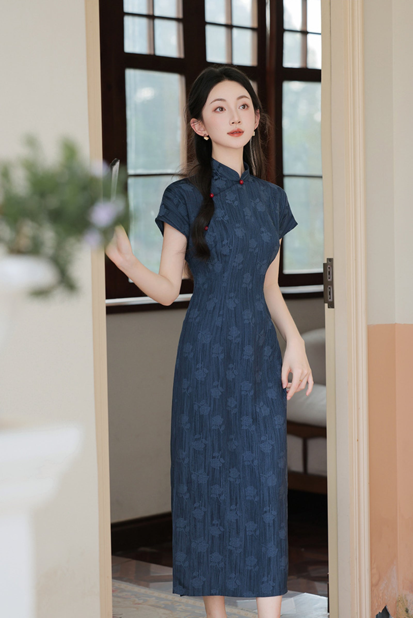 Vintage Navy Blue Floral Modified Cheongsam Dress