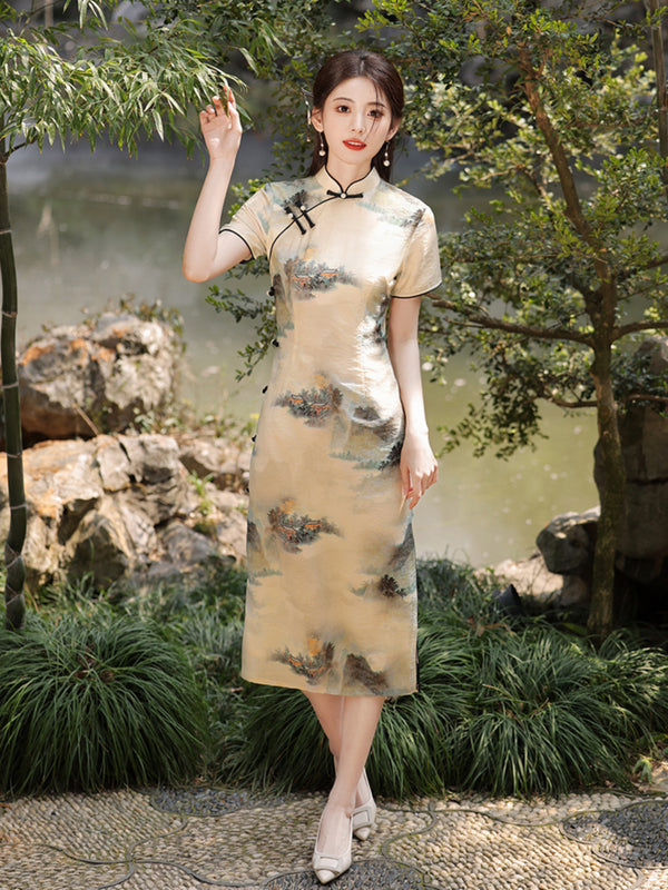 Golden Tencel Cotton Landscape Cheongsam Dress