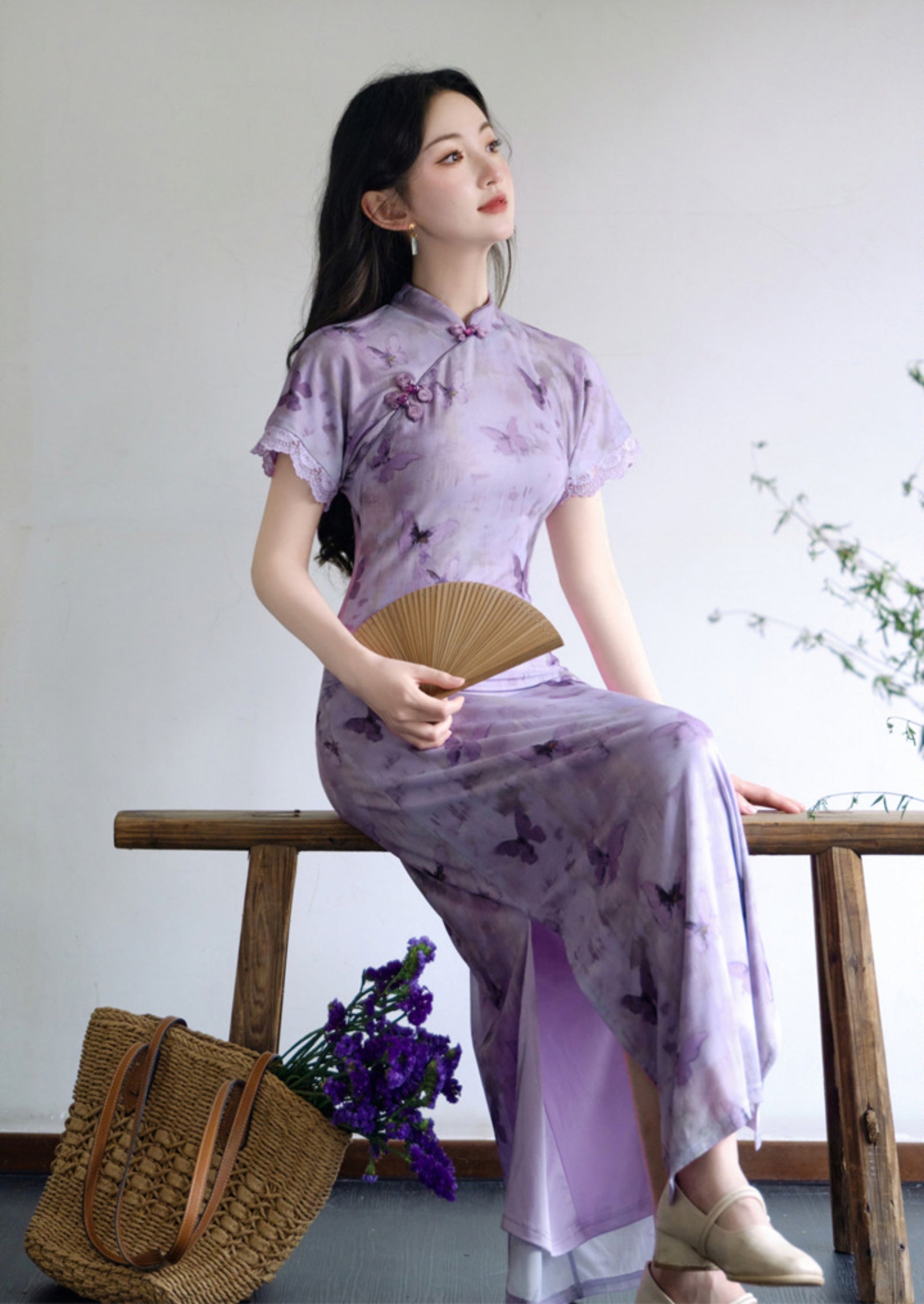 Butterfly Print Violet Cheongsam Dress