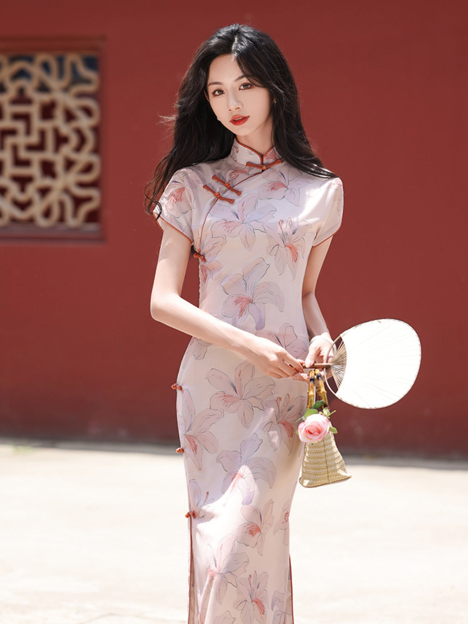 Romantic Vintage Tencel Satin Pastel Pink Floral Cheongsam Dress