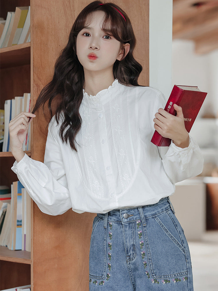 White Embroidered Frilled Collar Long Sleeve Blouse - Masion Chérie