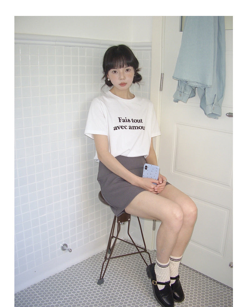 Short Sleeve Letter Print T-Shirt - Masion Chérie