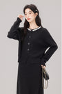 Elegant Embellished Collar Black Knit Cardigan and Skirt Set