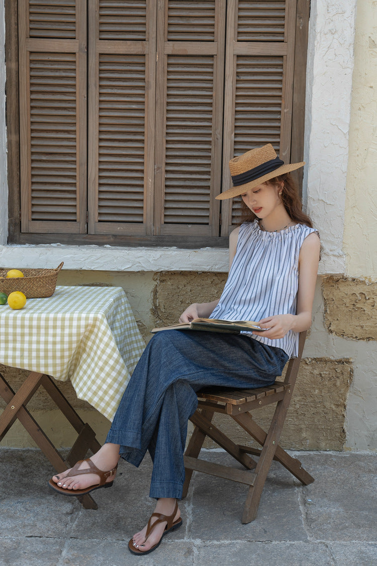 Striped Gathered Neck Sleeveless Top - Masion Chérie