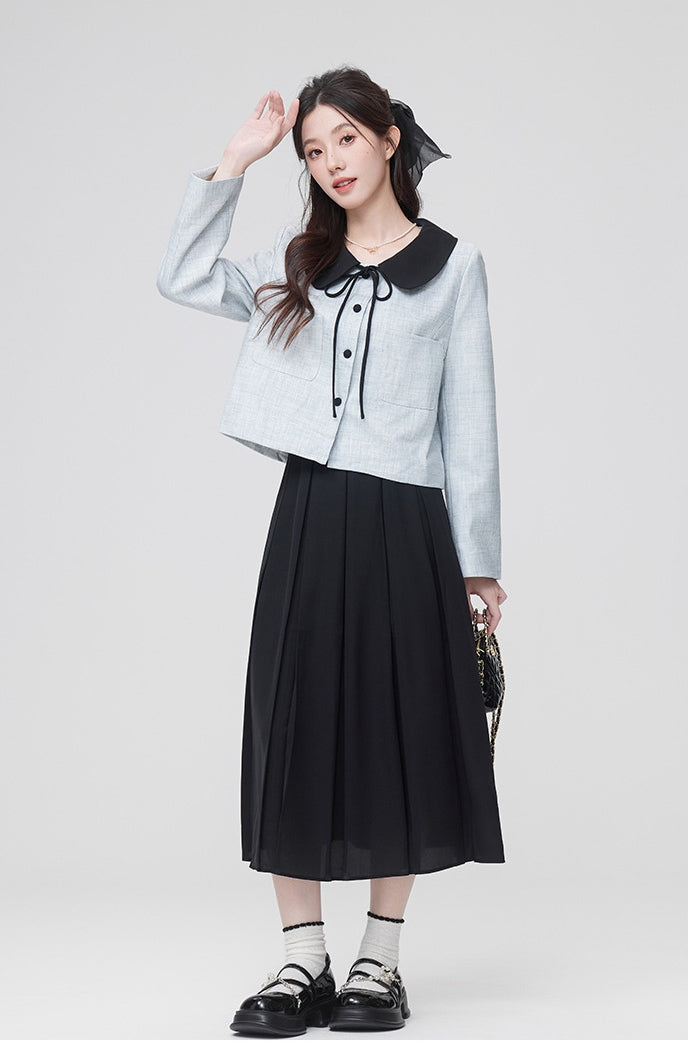 Bow-Tie Collar Blue Buttoned Blouse and Pleated Black Skirt Set