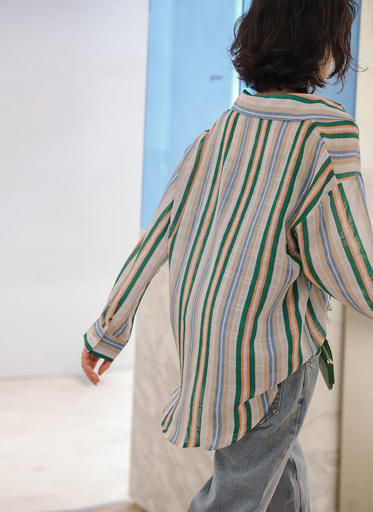 Vibrant Striped Button-Up Long Sleeve Blouse - Masion Chérie