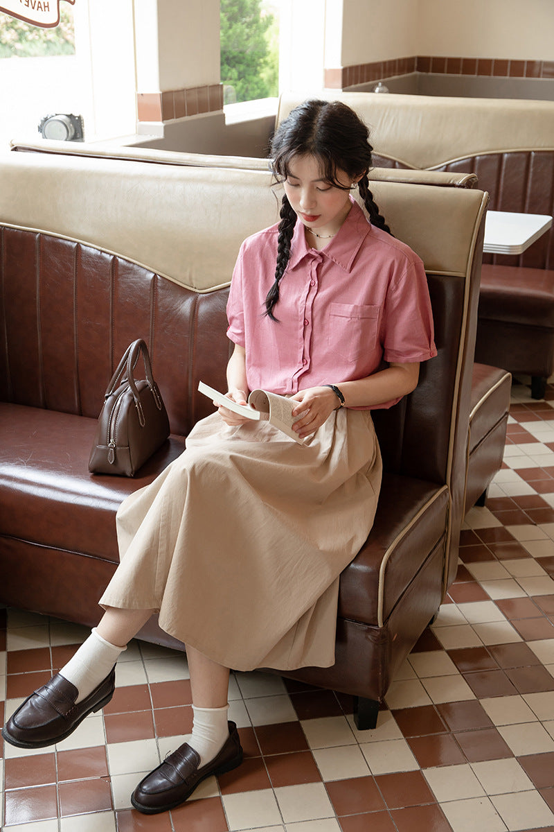 Vintage Pink Short Sleeve Button-Down Shirt - Masion Chérie