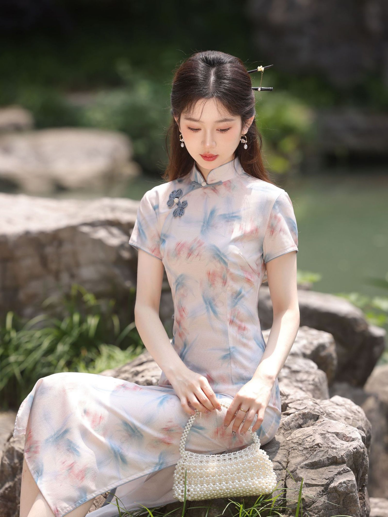 Blush Blue Jacquard Floral Cheongsam Dress