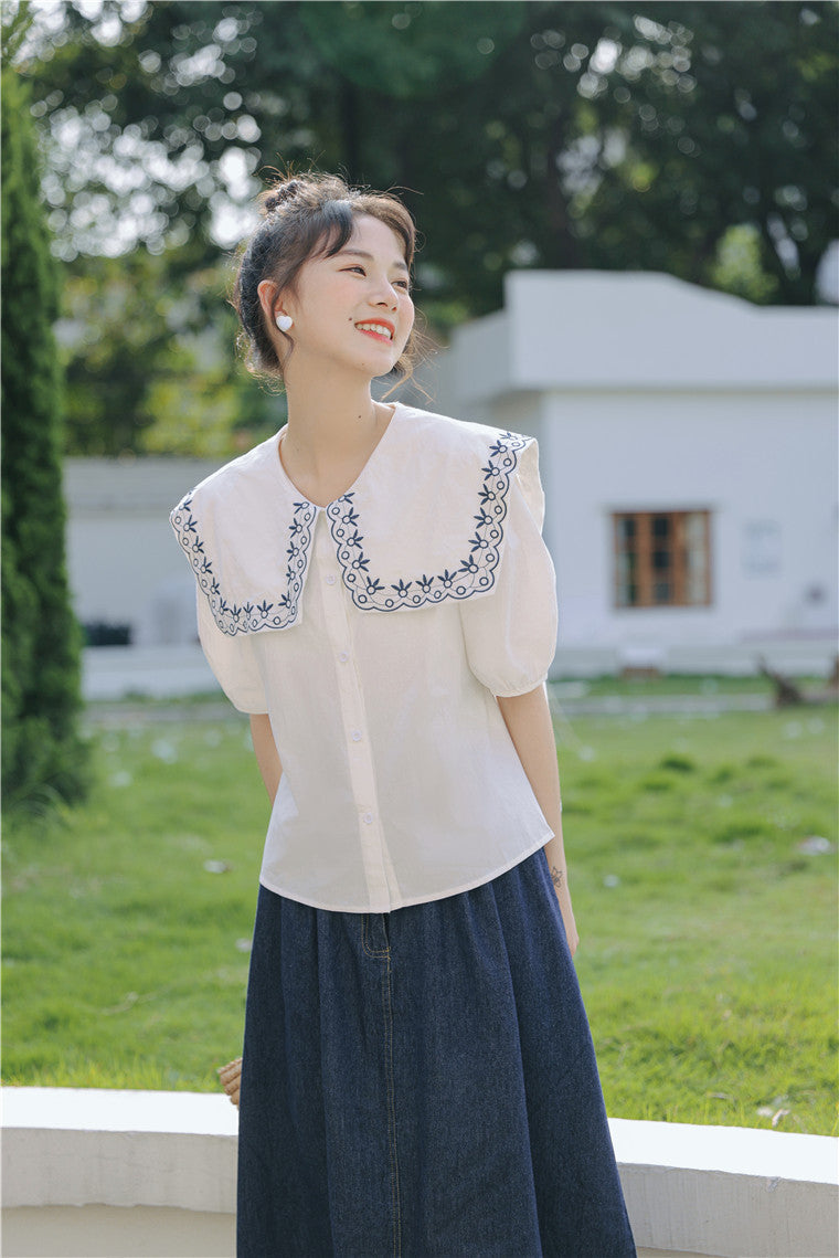 White Embroidered Peter Pan Collar Button-Down Blouse - Masion Chérie