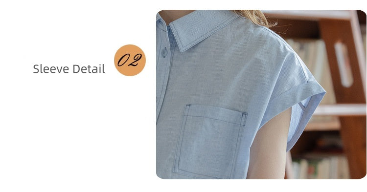 Light Blue Short-Sleeve Button-Down Blouse - Masion Chérie