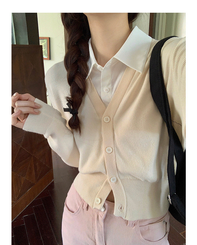 Korean-Style Polo Collar Knit Cardigan Top - Masion Chérie