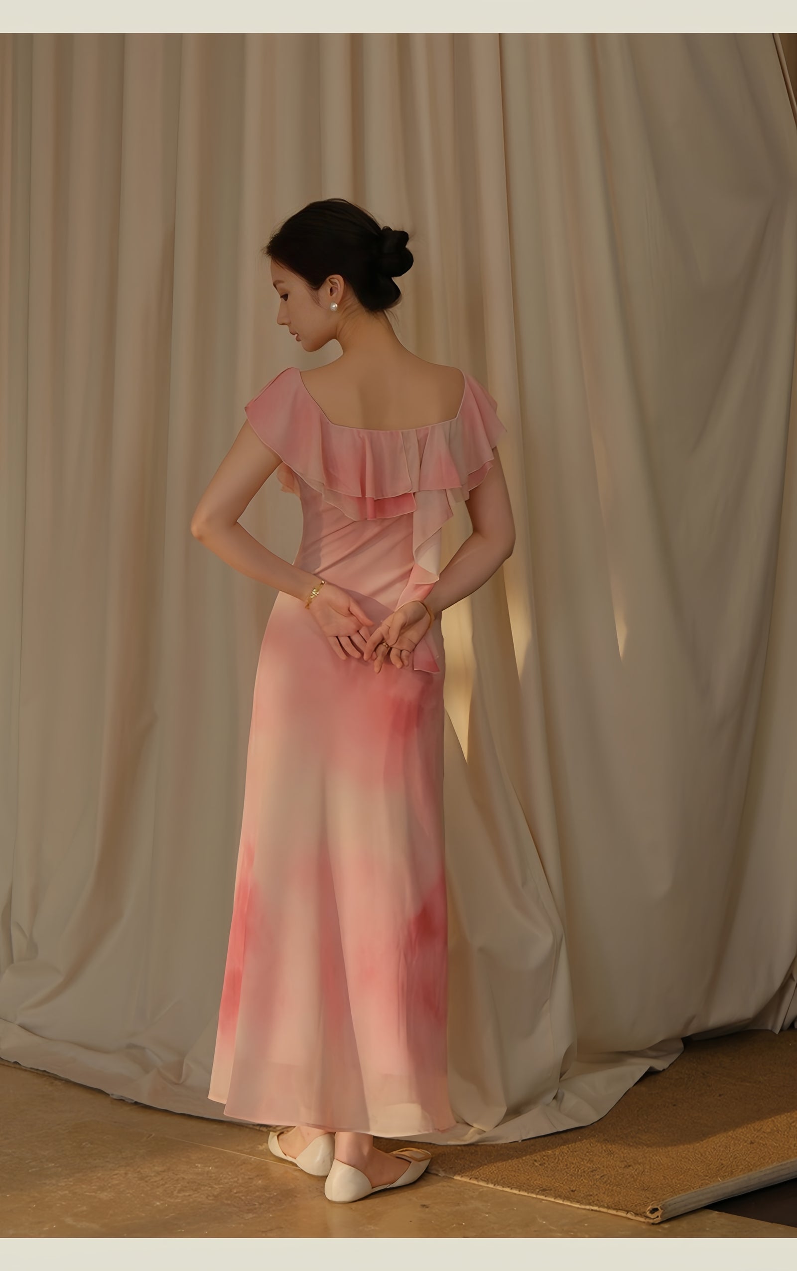 Elegant Ruffled Floral Chiffon Maxi Dress - Masion Chérie