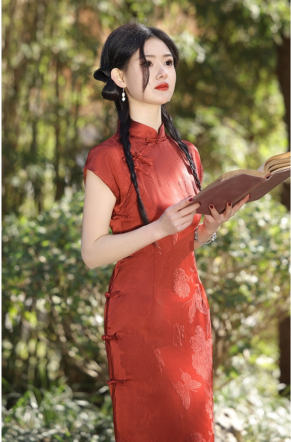 Vintage Burgundy Cap Sleeve Cheongsam Dress - Masion Chérie