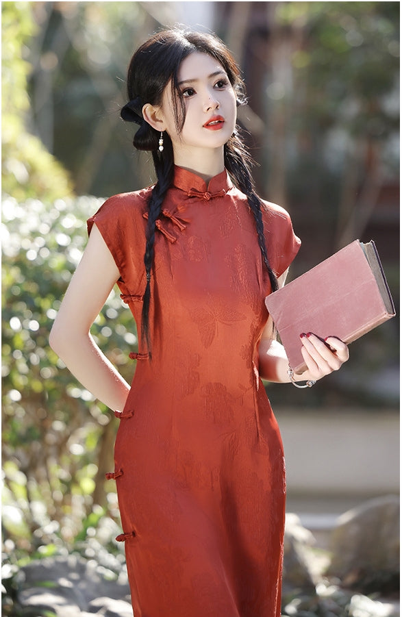 Vintage Burgundy Cap Sleeve Cheongsam Dress - Masion Chérie