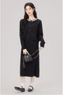 Elegant Embellished Collar Black Knit Cardigan and Skirt Set